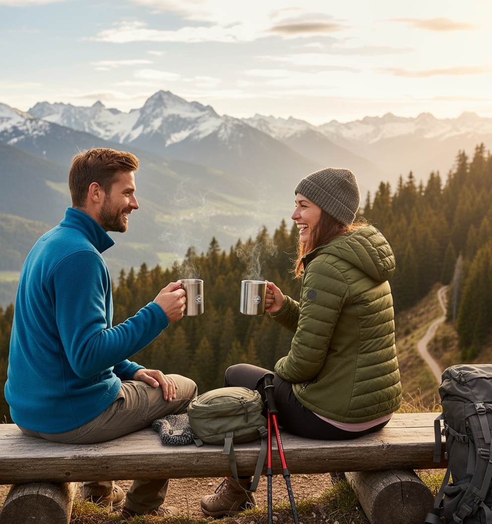 Lichtpfad – Edelstahl Outdoor Tasse mit Karabinergriff