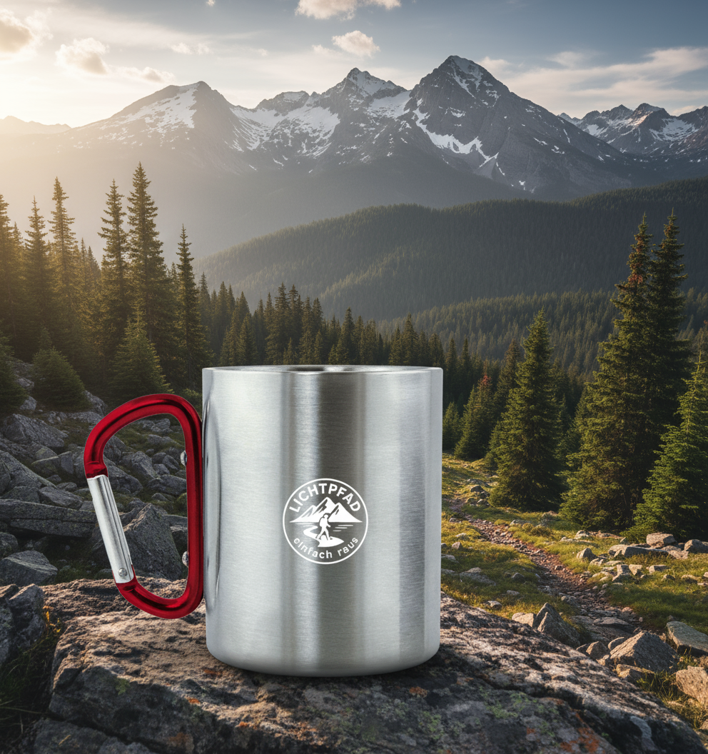Lichtpfad – Edelstahl Outdoor Tasse mit Karabinergriff